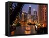 Chicago River and Skyline at Dusk with Boat-Alan Klehr-Framed Stretched Canvas