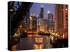 Chicago River and Skyline at Dusk with Boat-Alan Klehr-Stretched Canvas