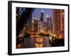 Chicago River and Skyline at Dusk with Boat-Alan Klehr-Framed Photographic Print