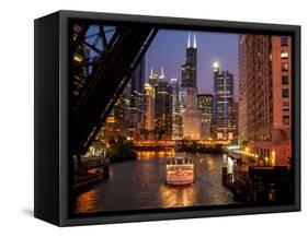 Chicago River and Skyline at Dusk with Boat-Alan Klehr-Framed Stretched Canvas