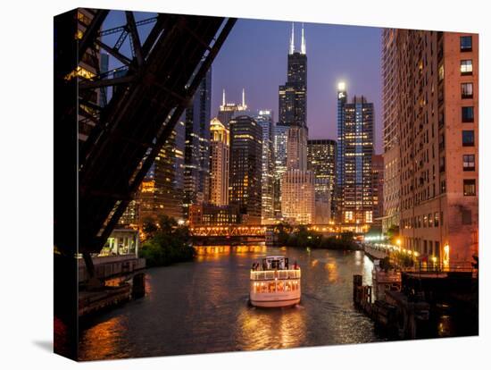 Chicago River and Skyline at Dusk with Boat-Alan Klehr-Stretched Canvas