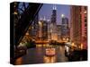 Chicago River and Skyline at Dusk with Boat-Alan Klehr-Stretched Canvas