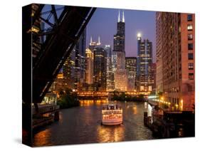 Chicago River and Skyline at Dusk with Boat-Alan Klehr-Stretched Canvas