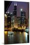 Chicago River and Skyline at Dusk with Boat-Alan Klehr-Mounted Photographic Print