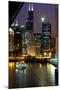 Chicago River and Skyline at Dusk with Boat-Alan Klehr-Mounted Photographic Print