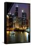 Chicago River and Skyline at Dusk with Boat-Alan Klehr-Framed Stretched Canvas