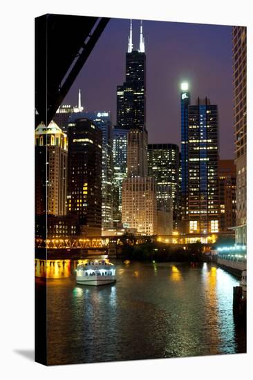 Chicago River and Skyline at Dusk with Boat-Alan Klehr-Stretched Canvas