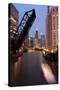 Chicago River and Skyline at Dusk with Boat-Alan Klehr-Stretched Canvas