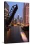 Chicago River and Skyline at Dusk with Boat-Alan Klehr-Stretched Canvas