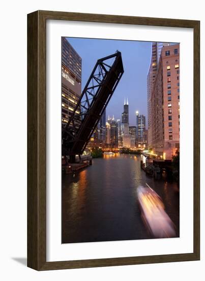 Chicago River and Skyline at Dusk with Boat-Alan Klehr-Framed Photographic Print