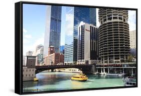 Chicago River and Towers, Chicago, Illinois, United States of America, North America-Amanda Hall-Framed Stretched Canvas