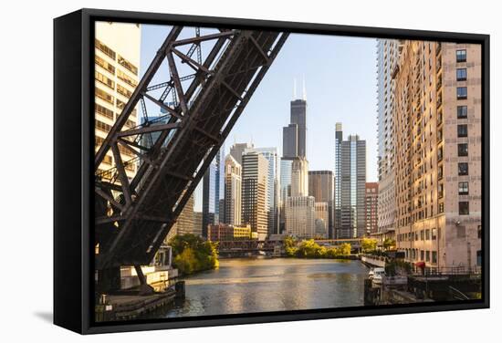 Chicago River and Towers of the West Loop Area,Willis Tower, Chicago, Illinois, USA-Amanda Hall-Framed Stretched Canvas