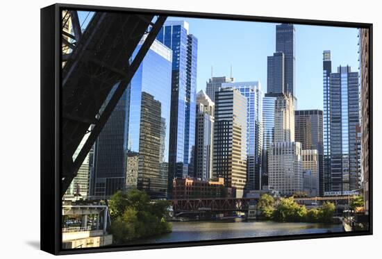 Chicago River and Towers of the West Loop Area-Amanda Hall-Framed Stretched Canvas