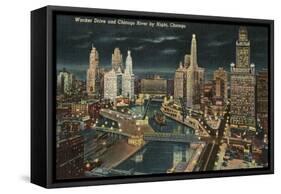 Chicago River at Wacker by Night, Chicago, Illinois-null-Framed Stretched Canvas