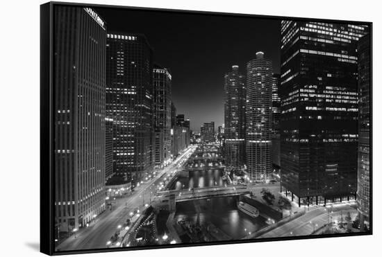 Chicago River Lights BW-Steve Gadomski-Framed Stretched Canvas