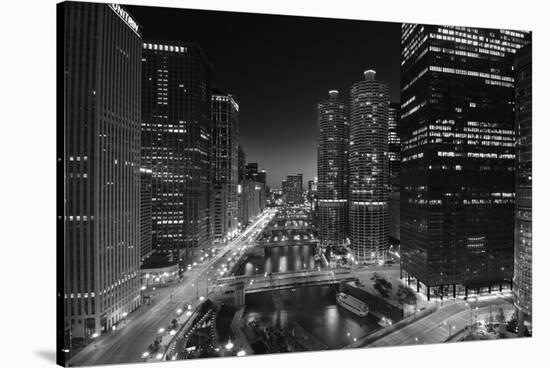 Chicago River Lights BW-Steve Gadomski-Stretched Canvas