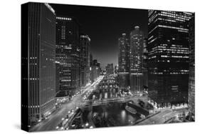 Chicago River Lights BW-Steve Gadomski-Stretched Canvas