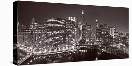 Chicago River Panorama BW-Steve Gadomski-Stretched Canvas