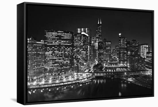 Chicago River Panorama BW-Steve Gadomski-Framed Stretched Canvas