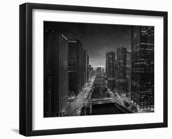 Chicago River Sunset BW-Steve Gadomski-Framed Premium Photographic Print