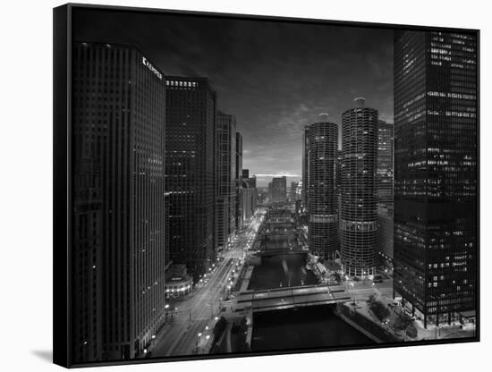 Chicago River Sunset BW-Steve Gadomski-Framed Stretched Canvas