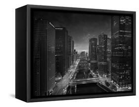 Chicago River Sunset BW-Steve Gadomski-Framed Stretched Canvas