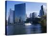 Chicago River Tour Boat at 333N Wacker Building 1983, Chicago, Illinois, USA-Simon Westcott-Stretched Canvas