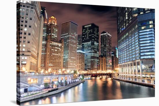 Chicago River Walk with Urban Skyscrapers Illuminated with Lights and Water Reflection at Night.-Songquan Deng-Stretched Canvas