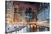 Chicago River Walk with Urban Skyscrapers Illuminated with Lights and Water Reflection at Night.-Songquan Deng-Stretched Canvas