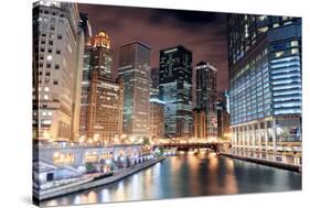 Chicago River Walk with Urban Skyscrapers Illuminated with Lights and Water Reflection at Night.-Songquan Deng-Stretched Canvas