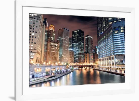 Chicago River Walk with Urban Skyscrapers Illuminated with Lights and Water Reflection at Night.-Songquan Deng-Framed Photographic Print