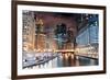 Chicago River Walk with Urban Skyscrapers Illuminated with Lights and Water Reflection at Night.-Songquan Deng-Framed Photographic Print