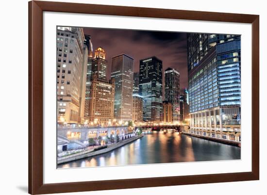 Chicago River Walk with Urban Skyscrapers Illuminated with Lights and Water Reflection at Night.-Songquan Deng-Framed Photographic Print