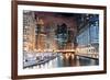 Chicago River Walk with Urban Skyscrapers Illuminated with Lights and Water Reflection at Night.-Songquan Deng-Framed Photographic Print