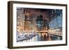 Chicago River Walk with Urban Skyscrapers Illuminated with Lights and Water Reflection at Night.-Songquan Deng-Framed Photographic Print