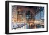 Chicago River Walk with Urban Skyscrapers Illuminated with Lights and Water Reflection at Night.-Songquan Deng-Framed Photographic Print