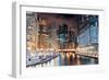 Chicago River Walk with Urban Skyscrapers Illuminated with Lights and Water Reflection at Night.-Songquan Deng-Framed Photographic Print