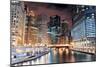 Chicago River Walk with Urban Skyscrapers Illuminated with Lights and Water Reflection at Night.-Songquan Deng-Mounted Photographic Print