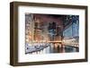 Chicago River Walk with Urban Skyscrapers Illuminated with Lights and Water Reflection at Night.-Songquan Deng-Framed Photographic Print