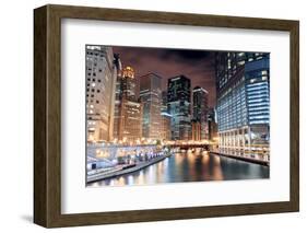 Chicago River Walk with Urban Skyscrapers Illuminated with Lights and Water Reflection at Night.-Songquan Deng-Framed Photographic Print