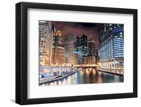 Chicago River Walk with Urban Skyscrapers Illuminated with Lights and Water Reflection at Night.-Songquan Deng-Framed Photographic Print