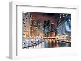 Chicago River Walk with Urban Skyscrapers Illuminated with Lights and Water Reflection at Night.-Songquan Deng-Framed Photographic Print