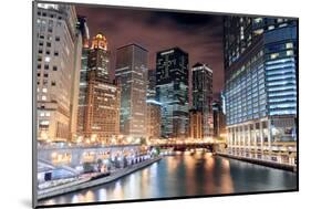 Chicago River Walk with Urban Skyscrapers Illuminated with Lights and Water Reflection at Night.-Songquan Deng-Mounted Photographic Print