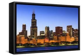 Chicago Skyline and Lake Michigan at Dusk with the Willis Tower on the Left, Chicago, Illinois, USA-Amanda Hall-Framed Stretched Canvas