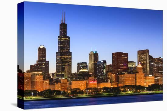 Chicago Skyline and Lake Michigan at Dusk with the Willis Tower on the Left, Chicago, Illinois, USA-Amanda Hall-Stretched Canvas