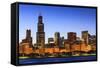 Chicago Skyline and Lake Michigan at Dusk with the Willis Tower on the Left, Chicago, Illinois, USA-Amanda Hall-Framed Stretched Canvas