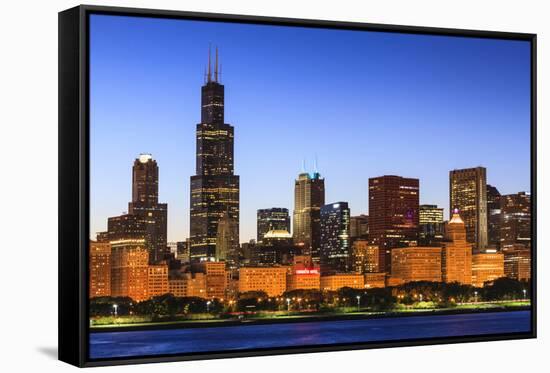 Chicago Skyline and Lake Michigan at Dusk with the Willis Tower on the Left, Chicago, Illinois, USA-Amanda Hall-Framed Stretched Canvas