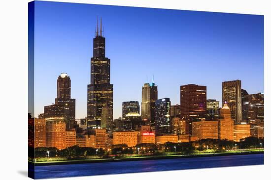 Chicago Skyline and Lake Michigan at Dusk with the Willis Tower on the Left, Chicago, Illinois, USA-Amanda Hall-Stretched Canvas