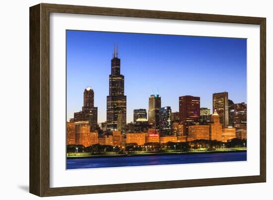 Chicago Skyline and Lake Michigan at Dusk with the Willis Tower on the Left, Chicago, Illinois, USA-Amanda Hall-Framed Photographic Print