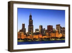 Chicago Skyline and Lake Michigan at Dusk with the Willis Tower on the Left, Chicago, Illinois, USA-Amanda Hall-Framed Photographic Print